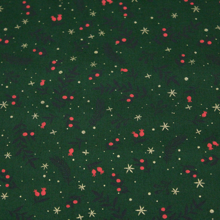 Tissu de coton de Noël vert aux branches de houx vertes et étoiles dorées - COLLECTION NOËL - OEKO - TEX - TissusPapi.com