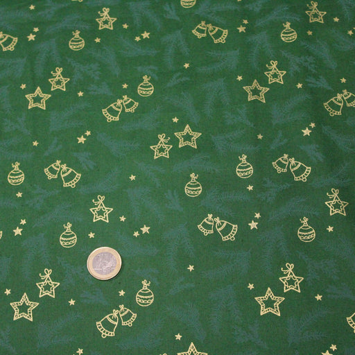 Tissu de coton de Noël vert aux branches de sapin vertes, cloches et boules de Noël dorées - COLLECTION NOËL - OEKO - TEX - TissusPapi.com