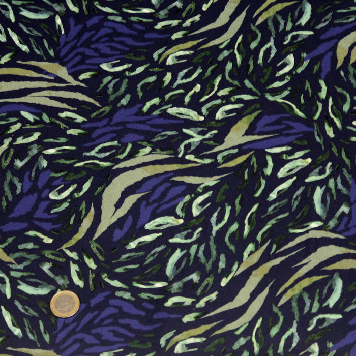 Tissu Viscose fluide ZAIBA, motif de feuilles peintes, tons bleus & verts - OEKO-TEX
