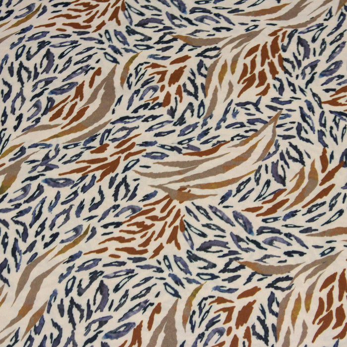 Tissu Viscose fluide BAGHEERA, motif zèbre et léopard, tons écrus, bleus et fauves - OEKO-TEX