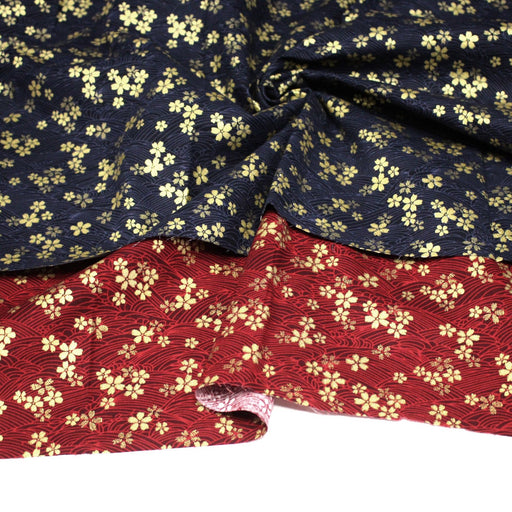 Tissu coton motif japonais vagues & fleurs sakura dorées : Bleu ou rouge - COLLECTION JAPON DORÉ - TissusPapi.com