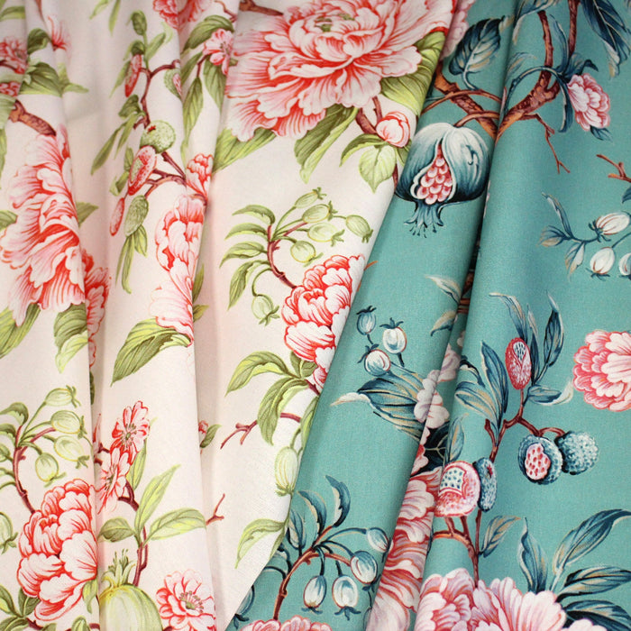 Tissu coton demi - natté INDIENNES FLEURIES : bleu ou blanc cassé - OEKO - TEX - TissusPapi.com