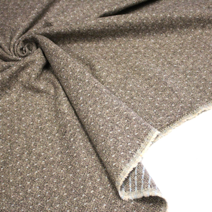 Tissu lainage tweed chevrons taupe à pois bleus - Fabrication italienne - TissusPapi.com