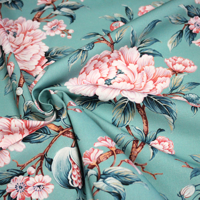 Tissu coton demi - natté INDIENNES FLEURIES : bleu ou blanc cassé - OEKO - TEX - TissusPapi.com