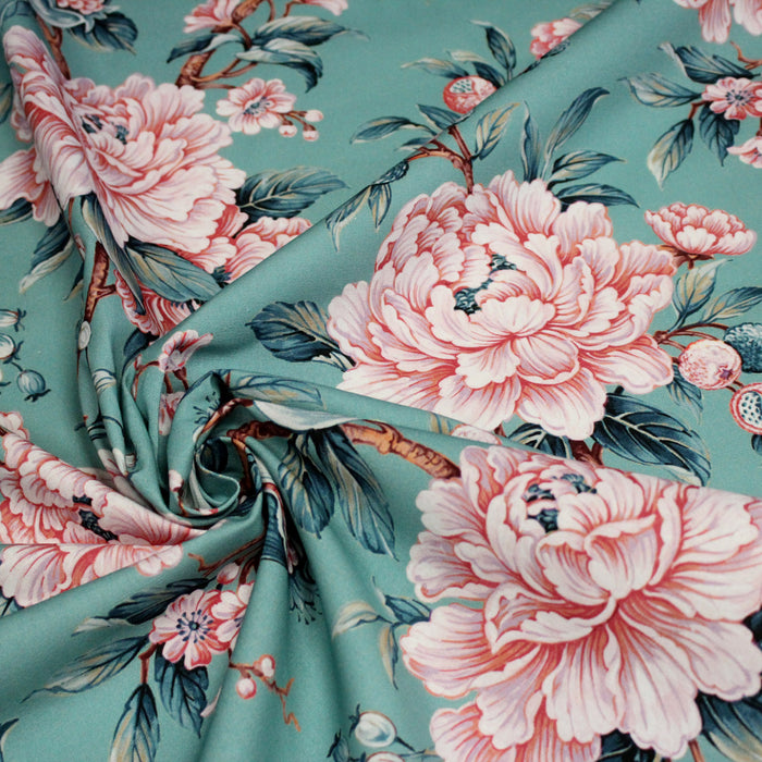 Tissu coton demi - natté INDIENNES FLEURIES : bleu ou blanc cassé - OEKO - TEX - TissusPapi.com