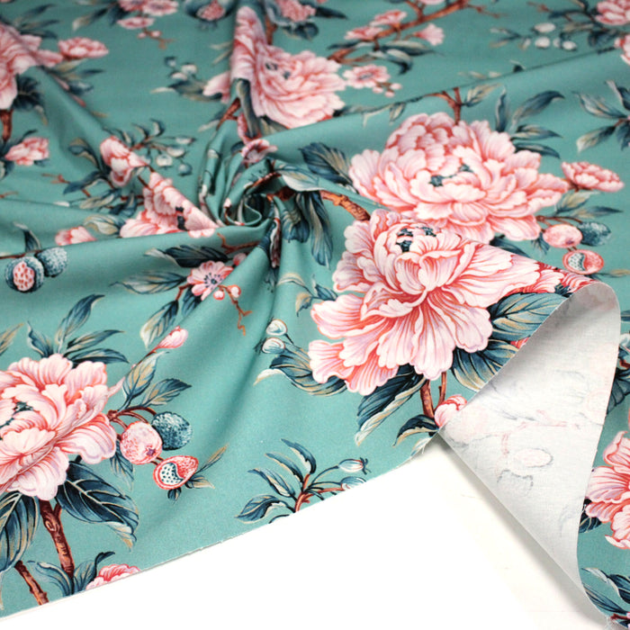 Tissu coton demi - natté INDIENNES FLEURIES : bleu ou blanc cassé - OEKO - TEX - TissusPapi.com
