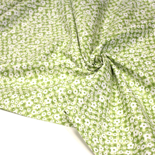 Tissu cotonnade CHARLINE : Vichy vert blanc et petites fleurs vertes - TissusPapi.com