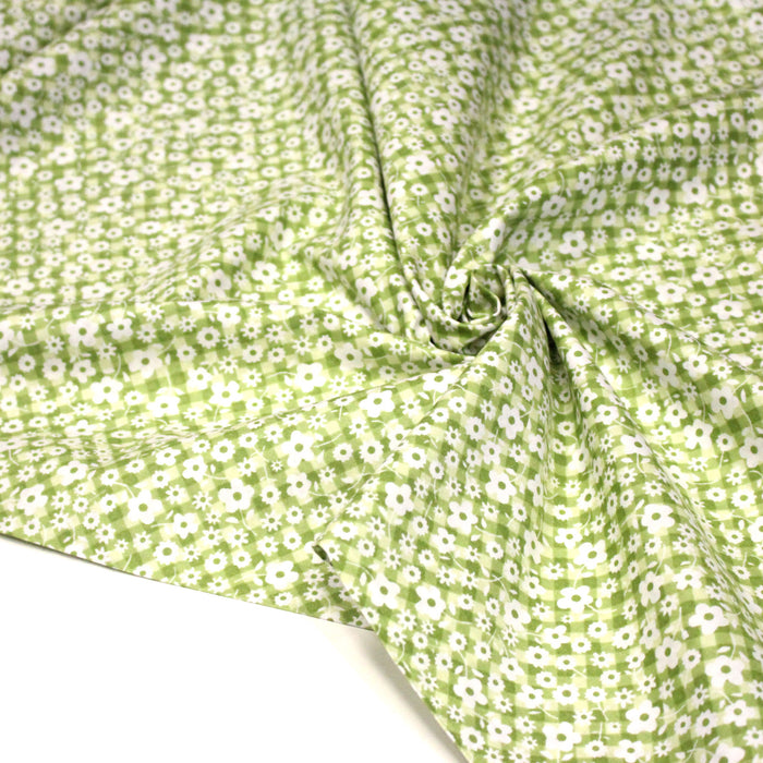 Tissu cotonnade CHARLINE : Vichy vert blanc et petites fleurs vertes - TissusPapi.com