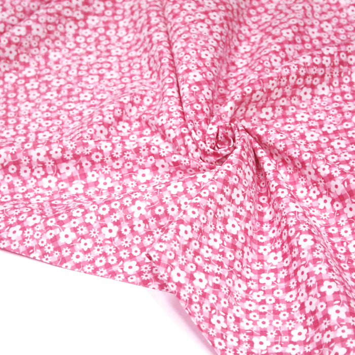Tissu cotonnade CHARLINE : Vichy rose blanc et petites fleurs roses