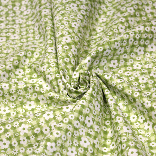 Tissu cotonnade CHARLINE : Vichy vert blanc et petites fleurs vertes - TissusPapi.com
