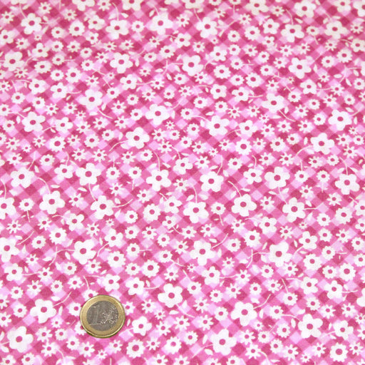 Tissu cotonnade CHARLINE : Vichy rose blanc et petites fleurs roses - TissusPapi.com