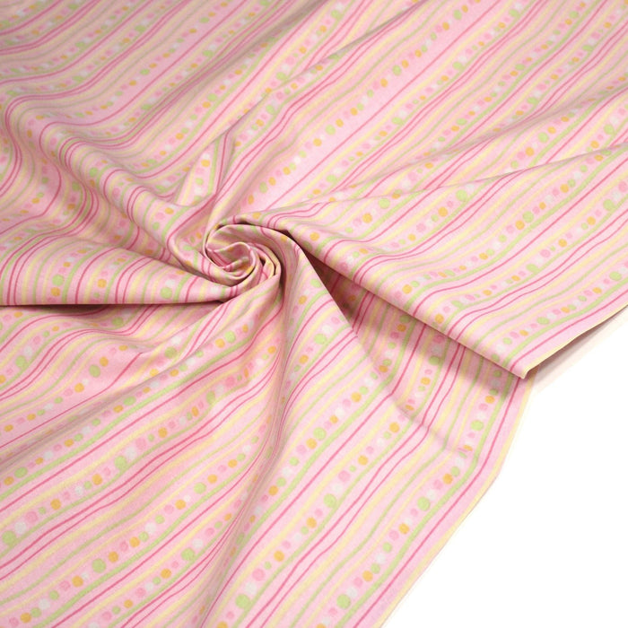 Tissu cotonnade rose aux pois et lignes vertes, jaunes et roses - COLLECTION BABY WELCOME - TissusPapi.com