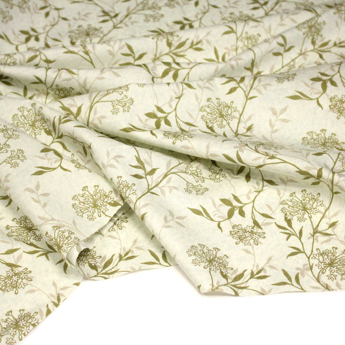 Tissu faux uni fleuri écru vert, aux fleurs et tiges vertes