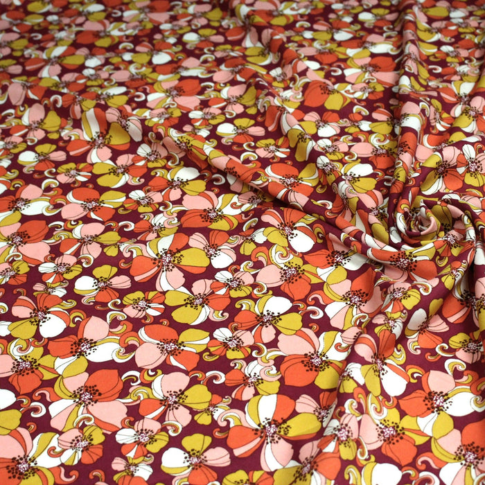 Tissu viscose fluide fleurs seventies : tons prune ou tons bleu - OEKO - TEX STANDARD 100 - TissusPapi.com