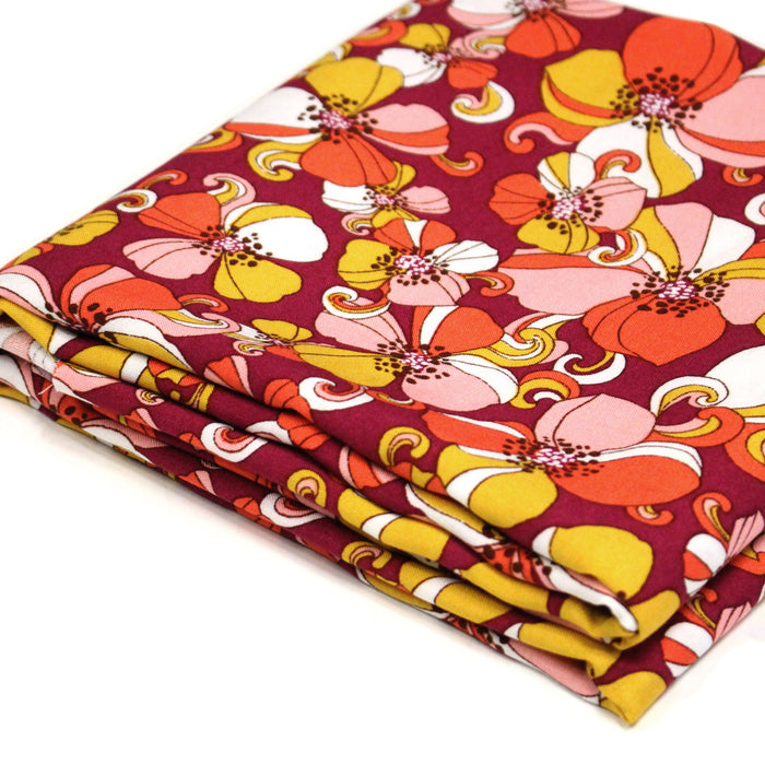 Tissu viscose fluide fleurs seventies : tons prune ou tons bleu - OEKO - TEX STANDARD 100 - TissusPapi.com