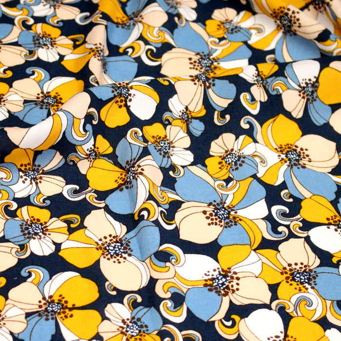 Tissu viscose fluide fleurs seventies : tons prune ou tons bleu - OEKO-TEX STANDARD 100
