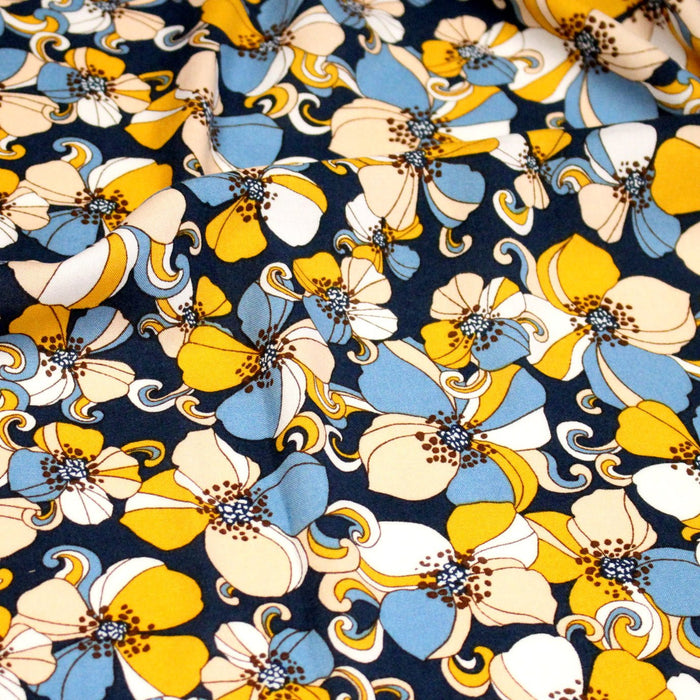 Tissu viscose fluide fleurs seventies : tons prune ou tons bleu - OEKO - TEX STANDARD 100 - TissusPapi.com