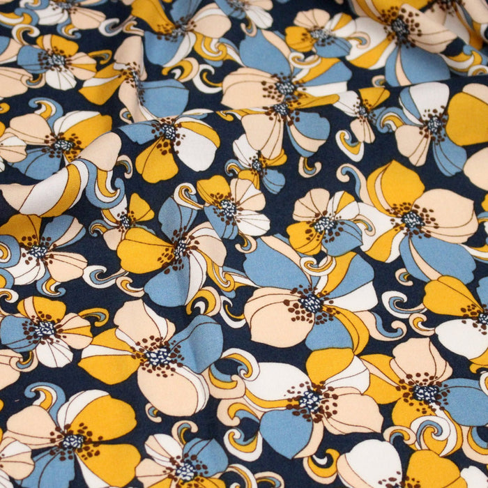 Tissu viscose fluide fleurs seventies : tons prune ou tons bleu - OEKO - TEX STANDARD 100 - TissusPapi.com