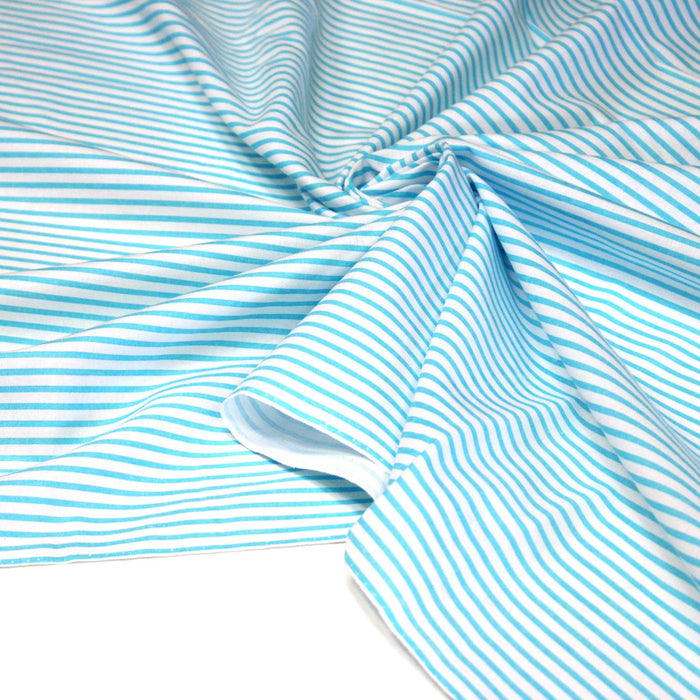 Tissu cotonnade rayée : blanc & rayures bleu turquoise - TissusPapi.com