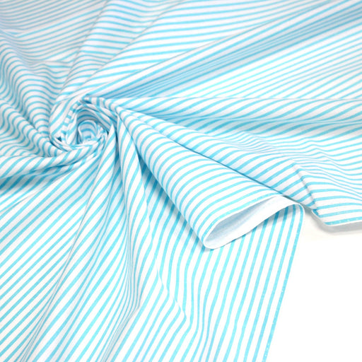 Tissu cotonnade rayée : blanc & rayures bleu turquoise - TissusPapi.com