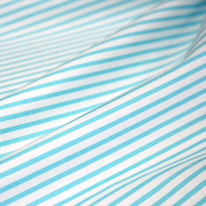 Tissu cotonnade rayée : blanc & rayures bleu turquoise - TissusPapi.com