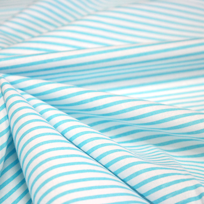 Tissu cotonnade rayée : blanc & rayures bleu turquoise - TissusPapi.com