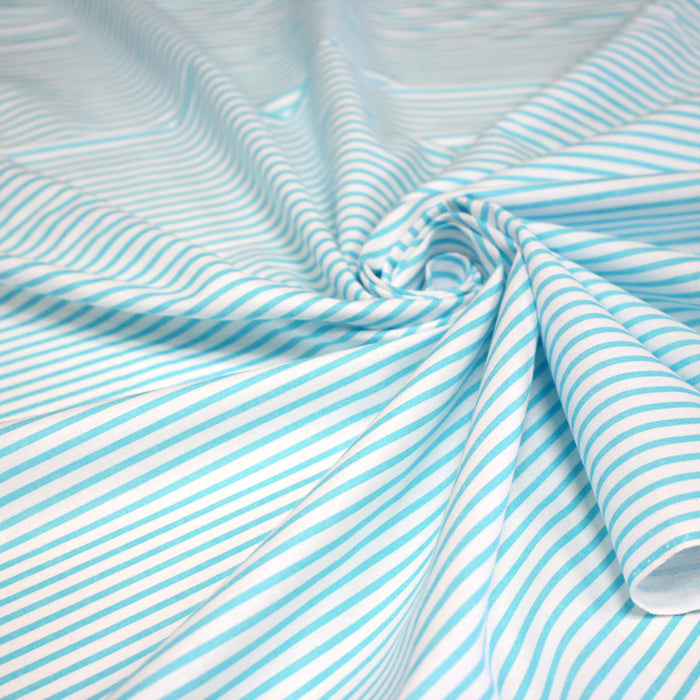 Tissu cotonnade rayée : blanc & rayures bleu turquoise - TissusPapi.com