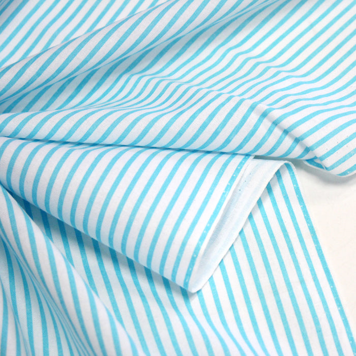 Tissu cotonnade rayée : blanc & rayures bleu turquoise - TissusPapi.com