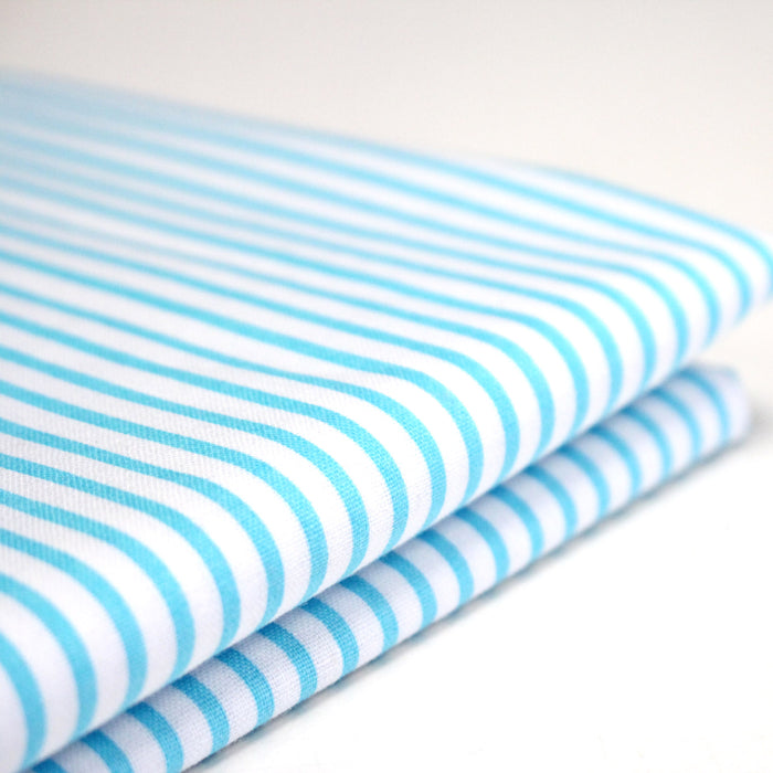 Tissu cotonnade rayée : blanc & rayures bleu turquoise - TissusPapi.com