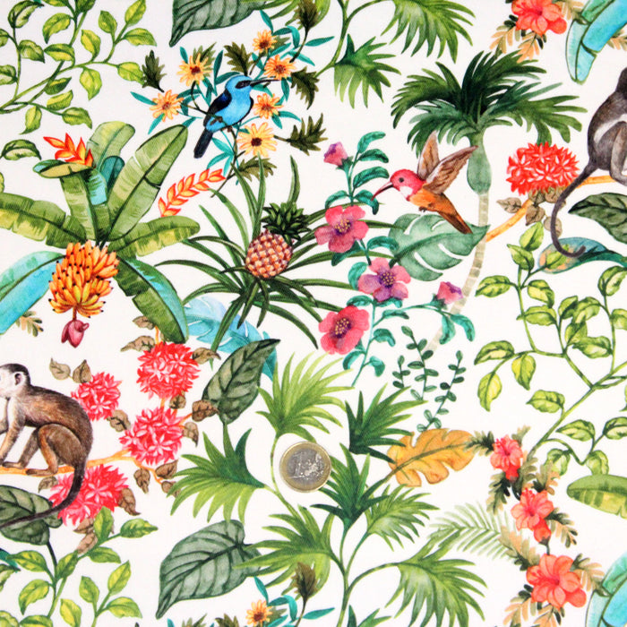 Tissu gabardine de coton LUXE imprimée motif forêt luxuriante, petits singes et colibris