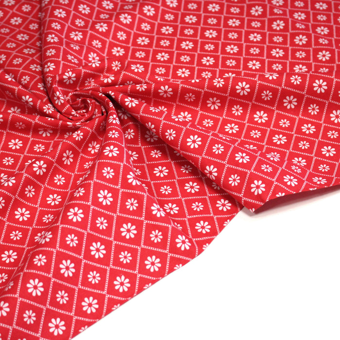Tissu cotonnade rouge & blanc, liserés et fleurs géométriques - COLLECTION MESSINA