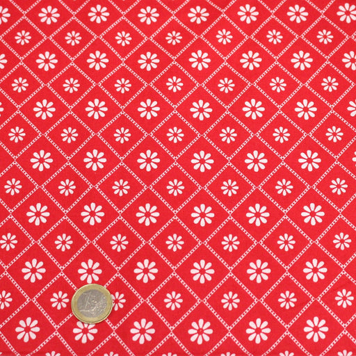 Tissu cotonnade rouge & blanc, liserés et fleurs géométriques - COLLECTION MESSINA - TissusPapi.com
