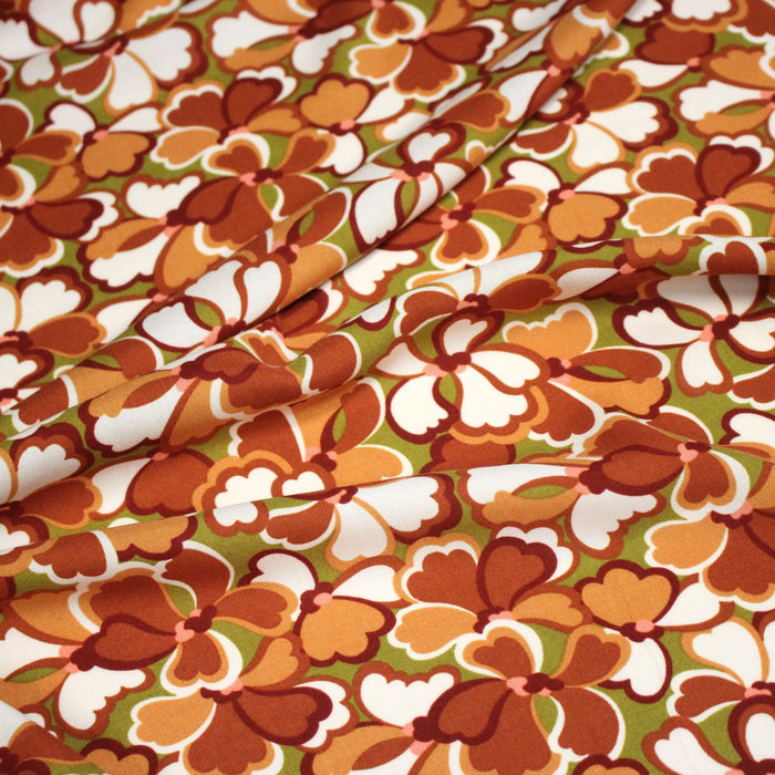 Tissu viscose fluide fleurs seventies : tons roses ou tons rouille & verts - OEKO - TEX STANDARD 100 - TissusPapi.com