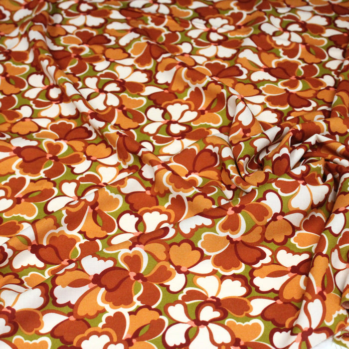 Tissu viscose fluide fleurs seventies : tons roses ou tons rouille & verts - OEKO - TEX STANDARD 100 - TissusPapi.com