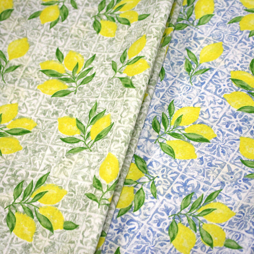 Tissu cotonnade Carreaux de faïence et citrons : tons verts ou bleus - COLLECTION SICILIA - OEKO - TEX STANDARD 100 - TissusPapi.com