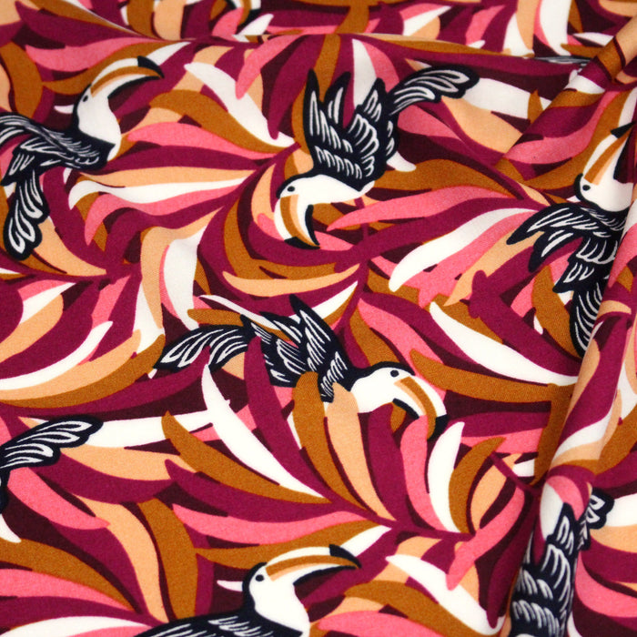 Tissu viscose fluide, motif floral & toucans : tons prune ou tons marine - OEKO - TEX STANDARD 100 - TissusPapi.com