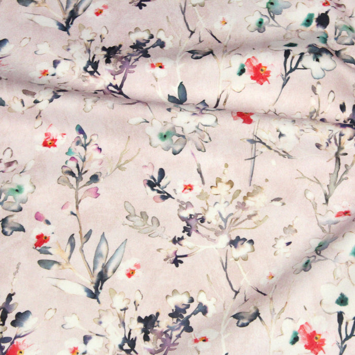 Tissu gabardine de coton LUXE imprimée motif fleurs d'aubépine façon aquarelle, fond rose