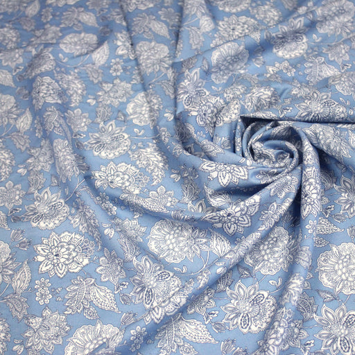 Tissu viscose fluide, motif cachemire fleuri indien bleu et blanc - OEKO - TEX - TissusPapi.com