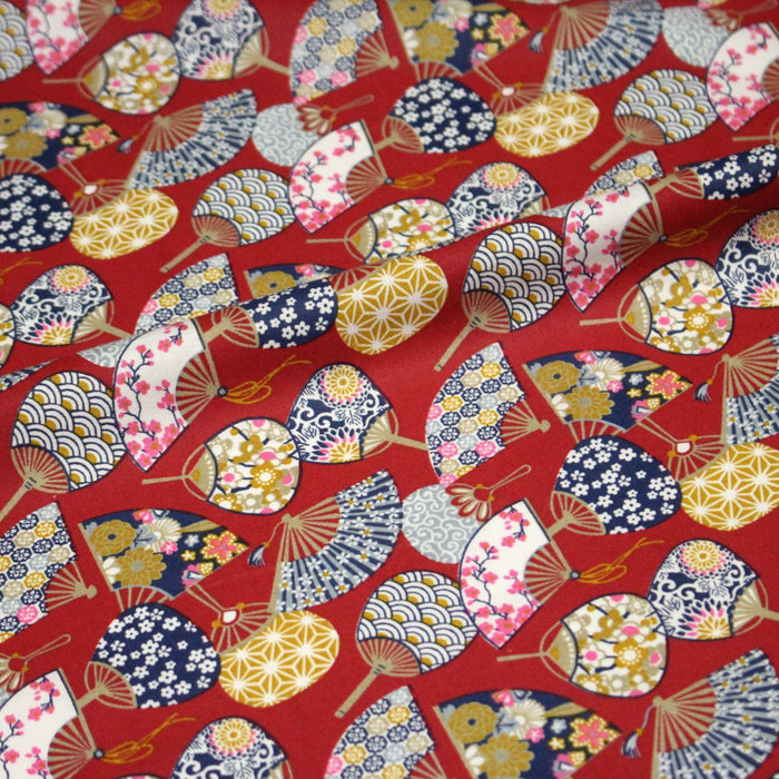 Tissu cotonnade éventails japonais multicolores : rouge ou blanc - OEKO - TEX STANDARD 100 - TissusPapi.com