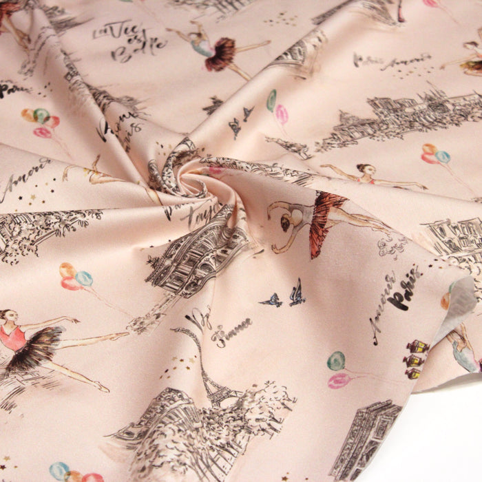 Tissu gabardine de coton LUXE imprimée motif des opéras parisiens et de la danse, fond rose