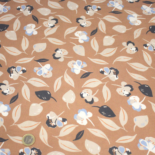 Tissu Viscose fluide FLIM fleuri bleu sur fond ocre - OEKO - TEX - TissusPapi.com
