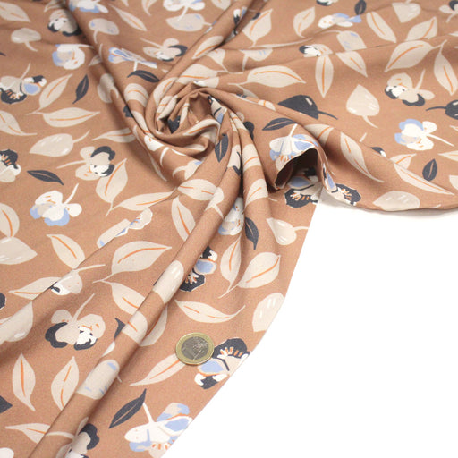 Tissu Viscose fluide FLIM fleuri bleu sur fond ocre - OEKO - TEX - TissusPapi.com