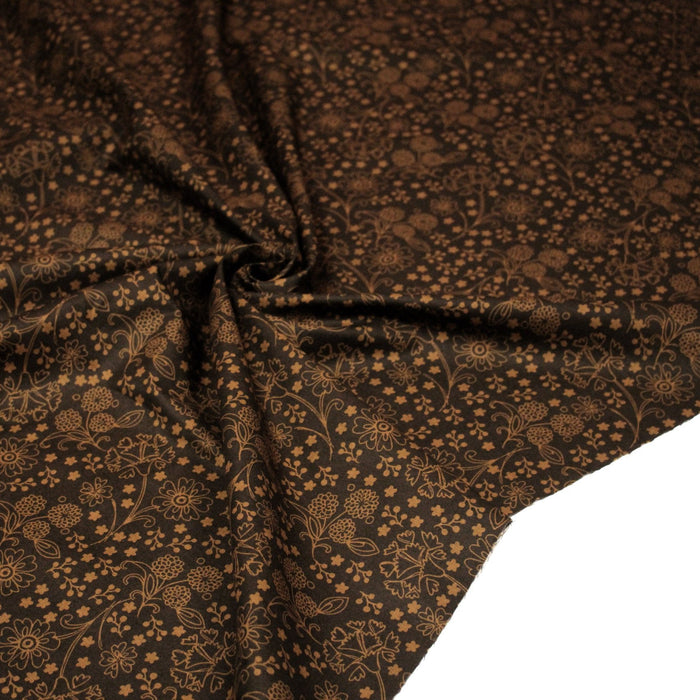 Tissu popeline de coton marron chocolat aux fines fleurs ocres faux - uni - TissusPapi.com