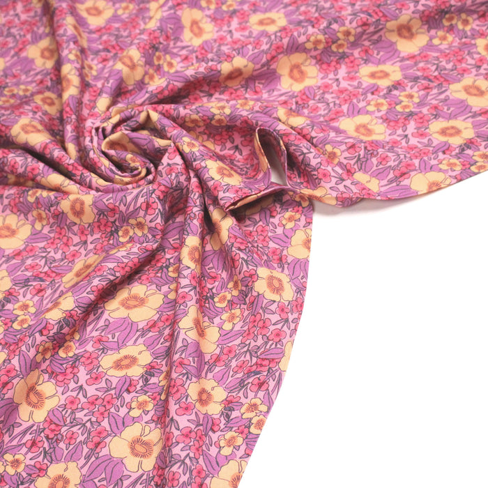 Tissu Viscose fluide JULISSA, motif floral rose, jaune et violet - OEKO - TEX - TissusPapi.com