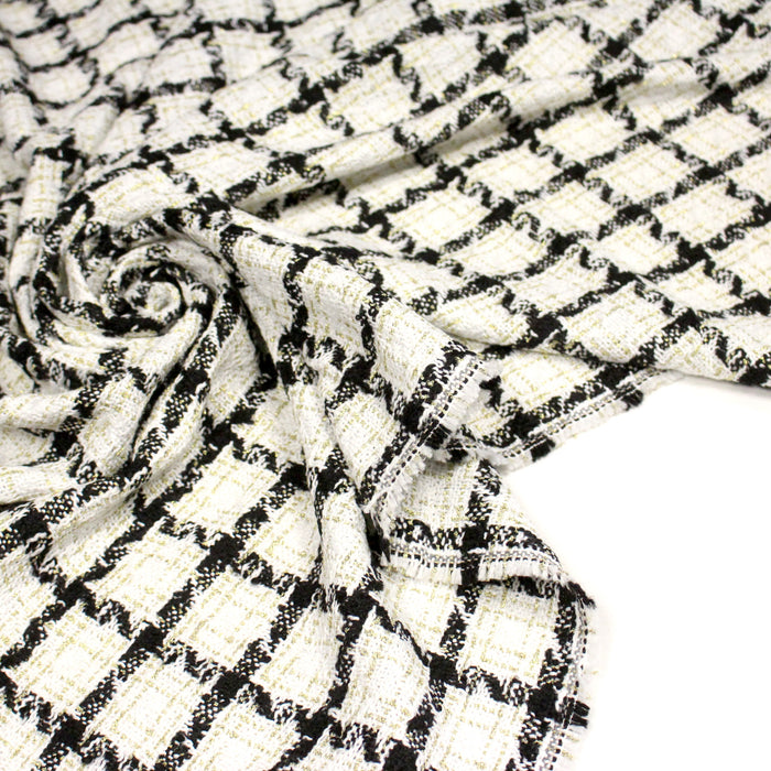 Tissu Tweed blanc cassé, liserés carreaux noirs et dorés lurex
