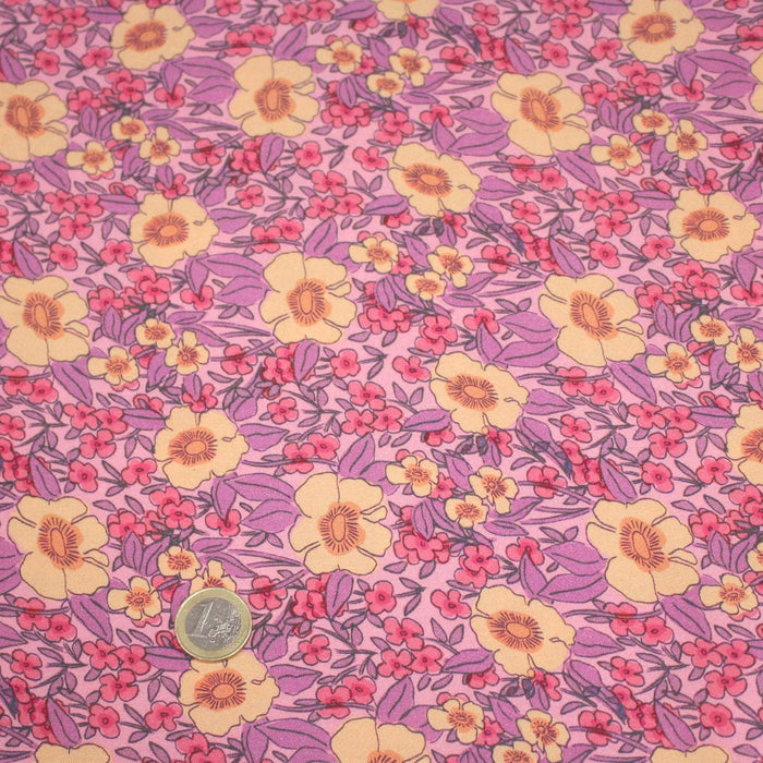Tissu Viscose fluide JULISSA, motif floral rose, jaune et violet - OEKO - TEX - TissusPapi.com