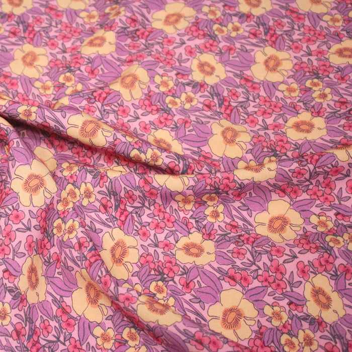 Tissu Viscose fluide JULISSA, motif floral rose, jaune et violet - OEKO - TEX - TissusPapi.com