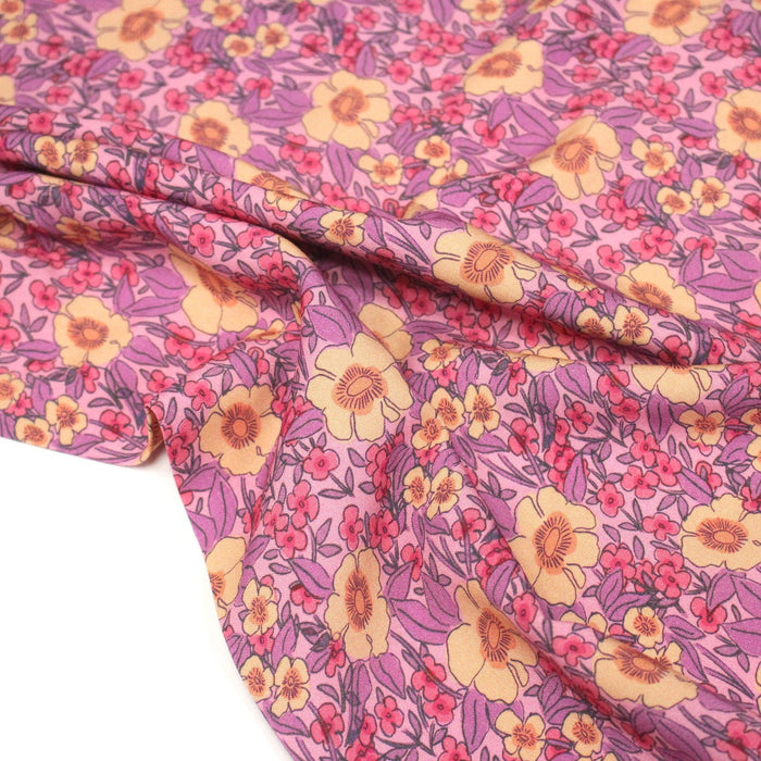 Tissu Viscose fluide JULISSA, motif floral rose, jaune et violet - OEKO - TEX - TissusPapi.com