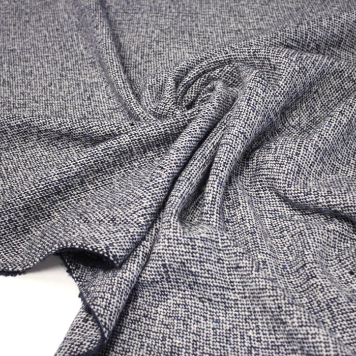 Tissu Tweed de laine faux-uni blanc cassé et bleu marine - Fabrication italienne