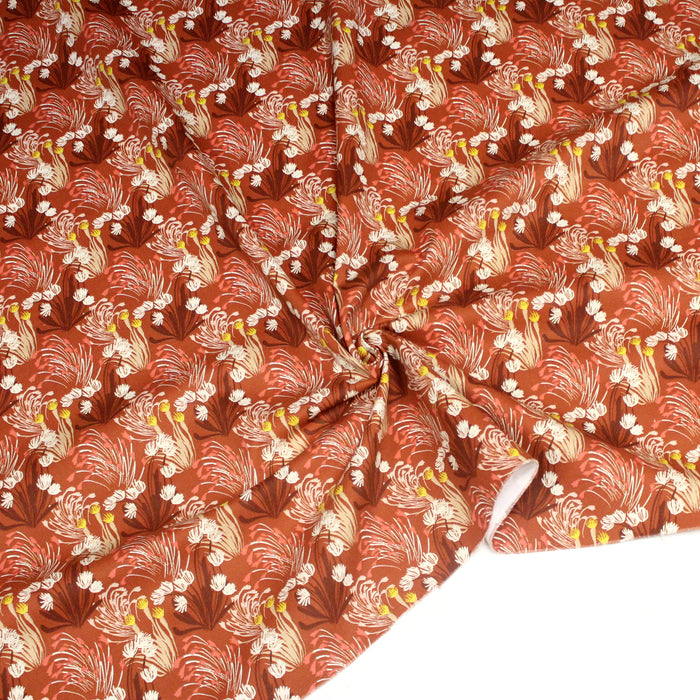 Tissu gabardine de coton LUXE imprimée motif fleuri rouille, jaune et blanc